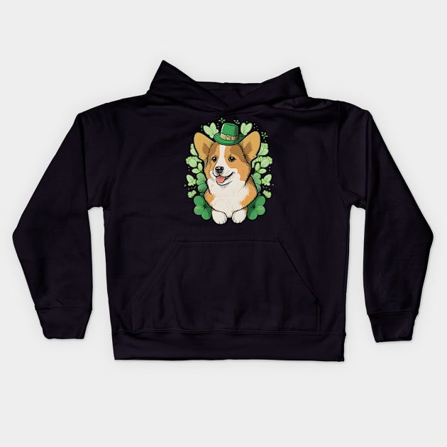 Cute Corgi Lover Shamrock Happy St Patricks Day Kids Hoodie by Ai Wanderer